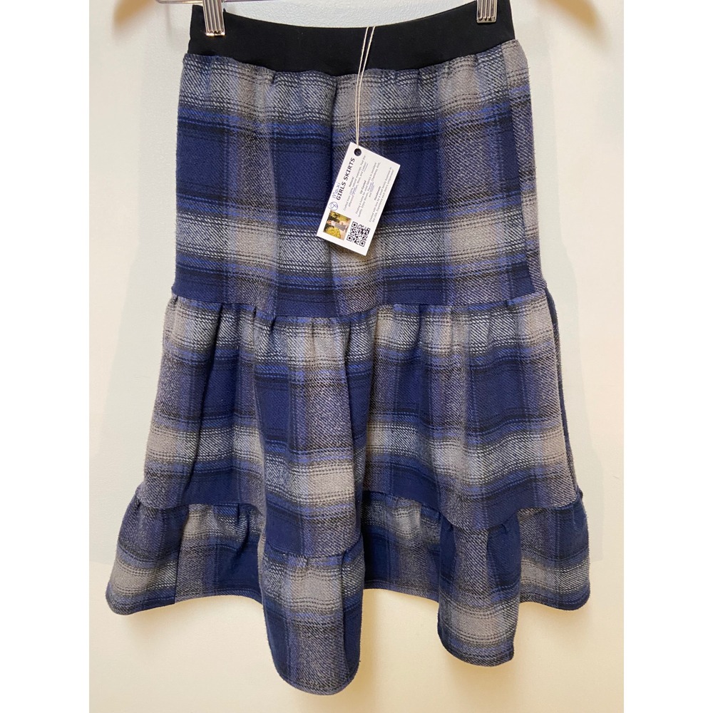 Girls Flannel Mom and Pop's Kids Maxi Skirt Size 8 Blue Plaid Upcycled Tiered